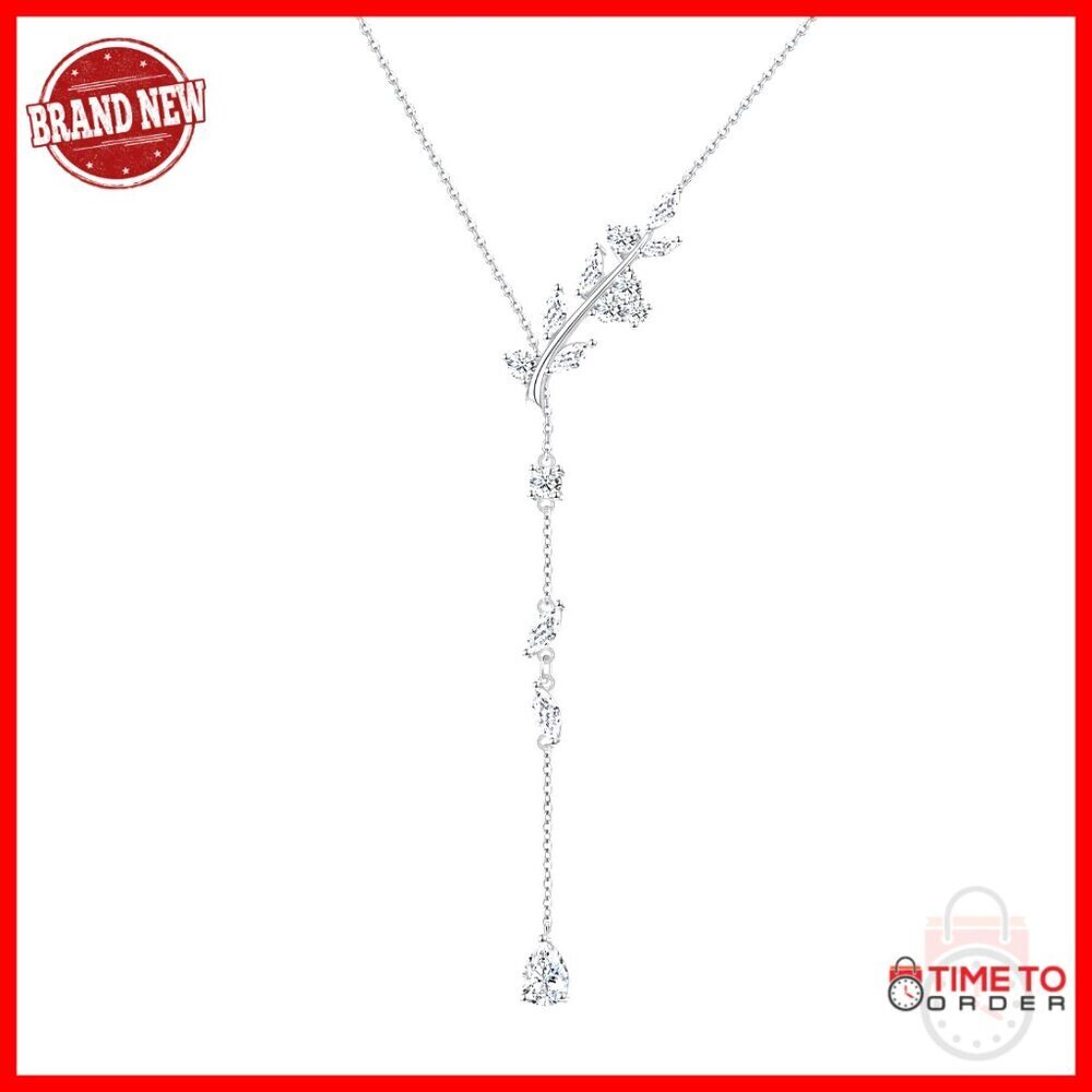Sterling Silver Lariat Necklace Adjustable Chain 30" Leaf Design Cubic Zirconia